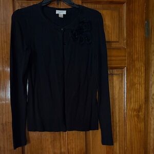 LOFT Black Button Down Sweater with Floral Detail